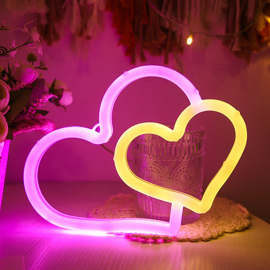 LED Neon USB Battery Powered Double Love Bedroom Decor Hanging Home Festive